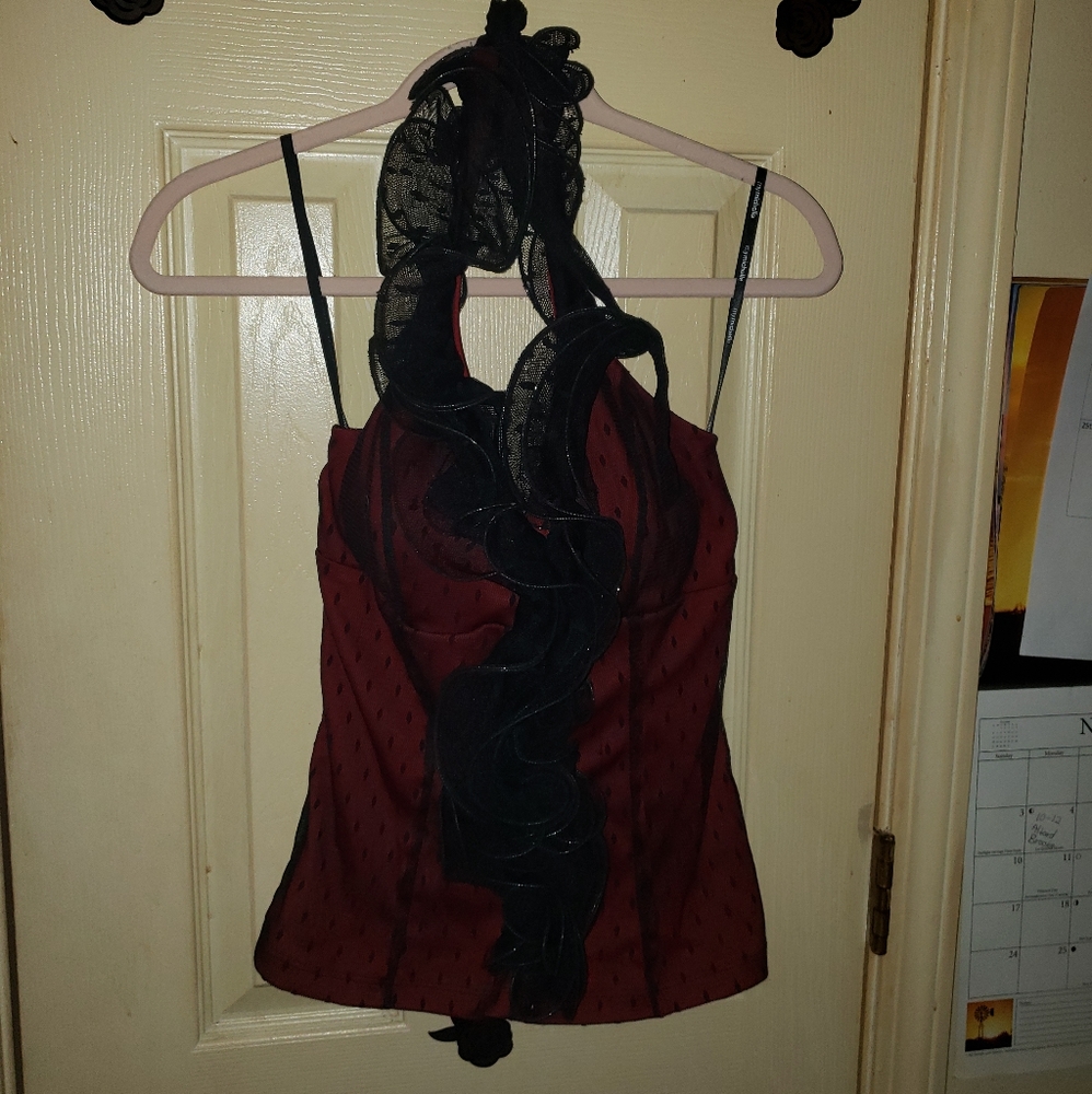 Maroon and black lace halter mesh neckline top